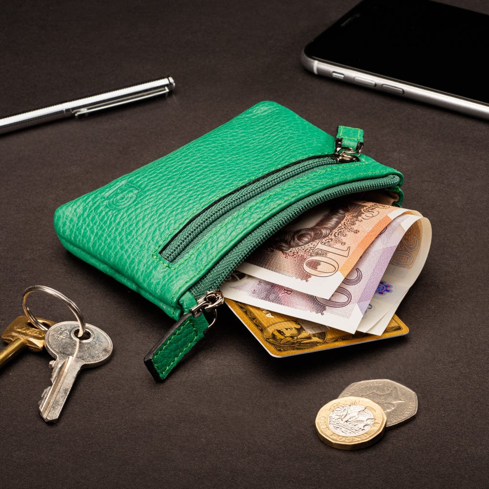 RFID Small leather zip coin pouch, emerald pebble grain, lifestyle