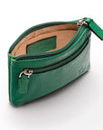 RFID Small leather zip coin pouch, emerald pebble grain, open