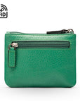 RFID Small leather zip coin pouch, emerald pebble grain, front view
