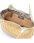 Woven leather shoulder bag, gold and silver, open