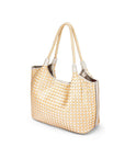 Woven leather shoulder bag, gold and silver, side view