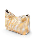 Woven leather shoulder bag, gold and silver, side view