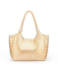 Woven leather shoulder bag, gold and silver, front