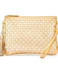 Leather woven cross body bag, gold and silver, front view