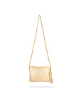 Leather woven cross body bag, gold and silver, with long chain strap