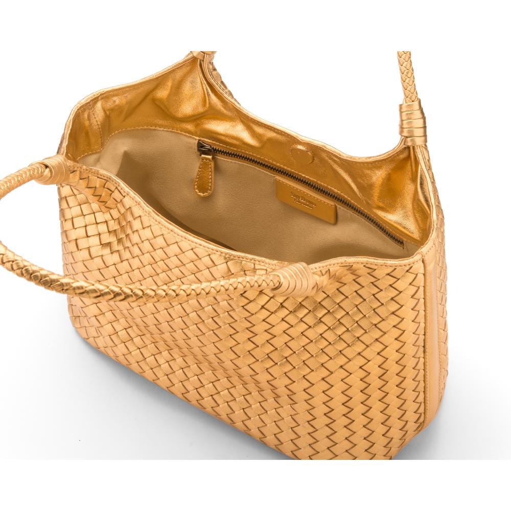 Leather Shoulder Bag Gold Woven Bag SageBrown