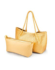 Woven leather slouchy bag, gold, with detachable inner bag