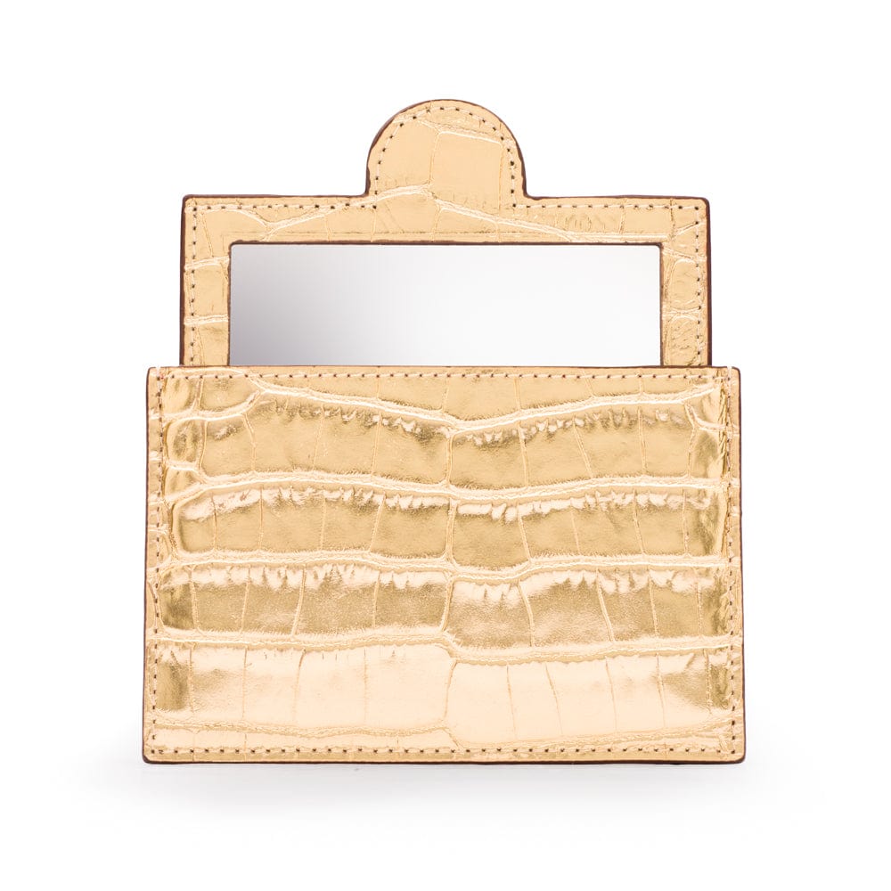 Compact leather mirror, gold croc, front