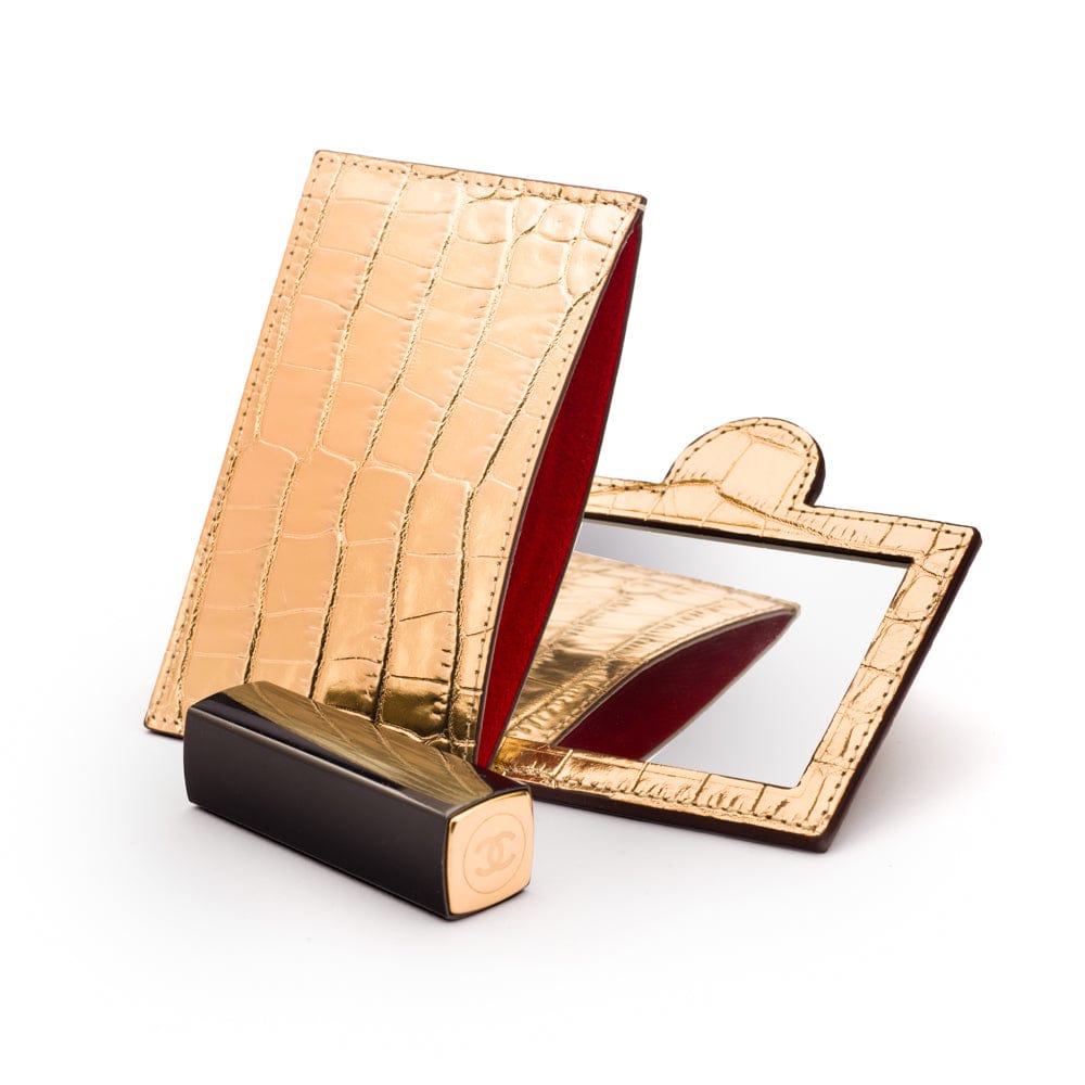 Compact leather mirror, gold croc