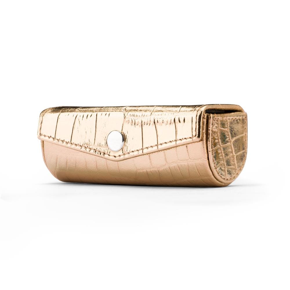 Leather lipstick case, gold croc, front