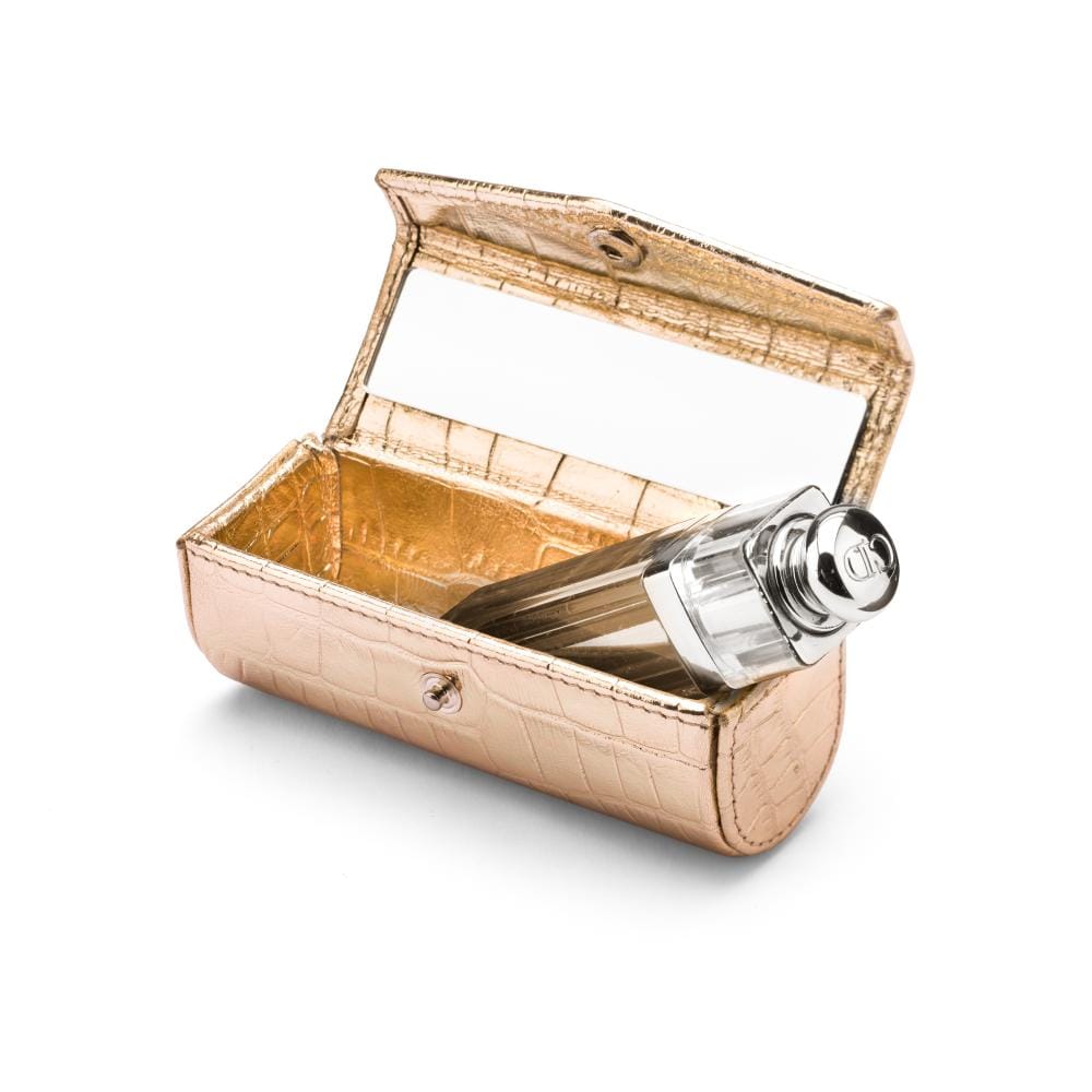 Leather lipstick case, gold croc, inside view
