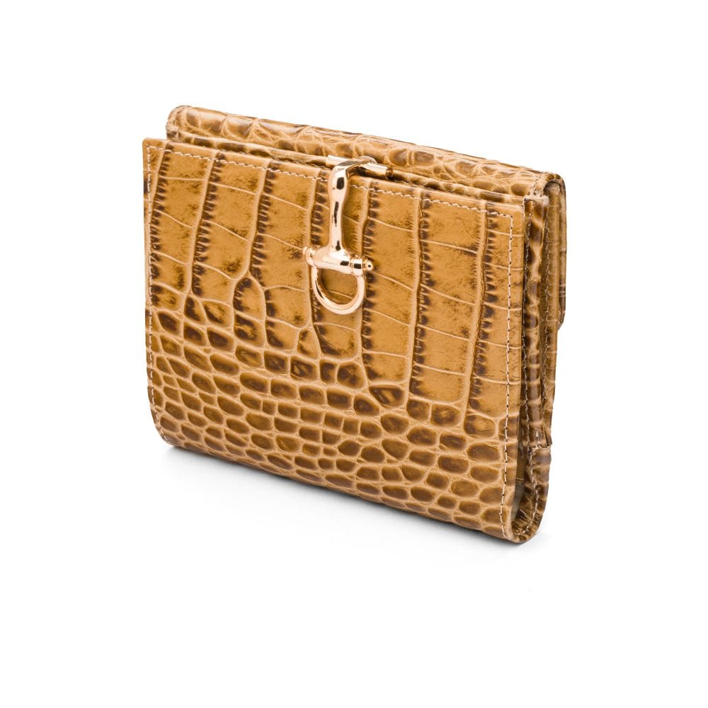 Leather purse with equestrain clasp, antique green croc, front