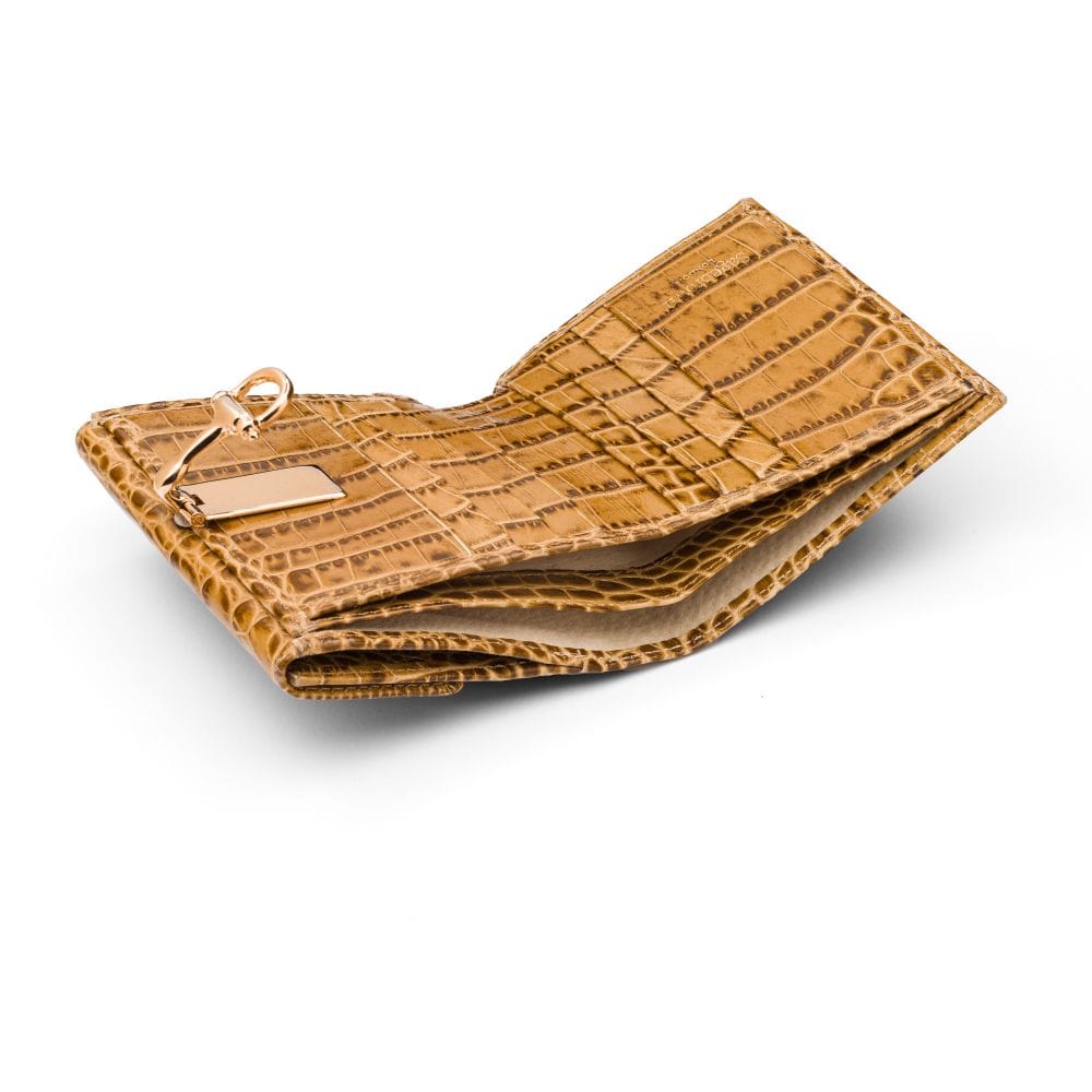 Leather purse with equestrain clasp, antique green croc, inside