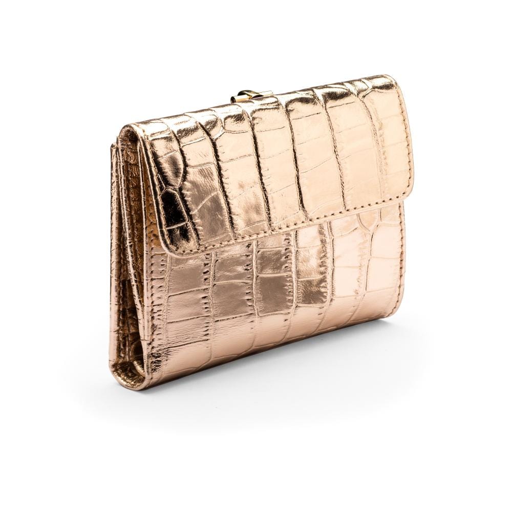 Leather purse with equestrain clasp, gold croc, coin purse