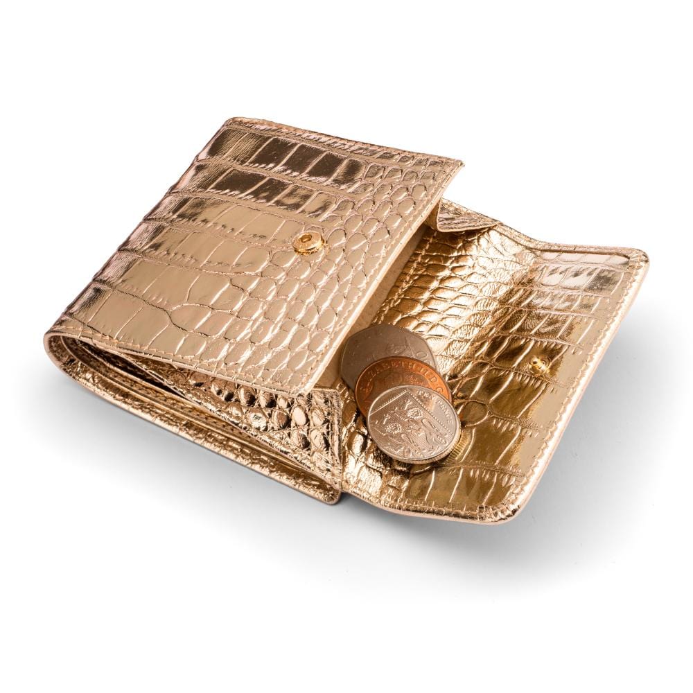 Leather purse with equestrain clasp, gold croc, coin purse open