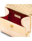 Mini leather Morgan Bag, top handle bag, gold croc, inside