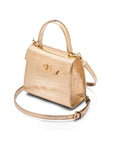 Mini leather Morgan Bag, top handle bag, gold croc, side view