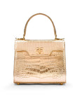 Mini leather Morgan Bag, top handle bag, gold croc, front