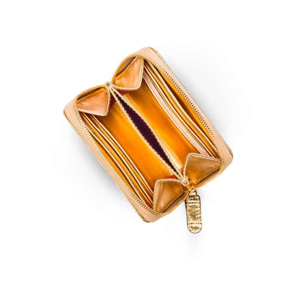 Small leather zip around accordion coin purse, gold croc, open