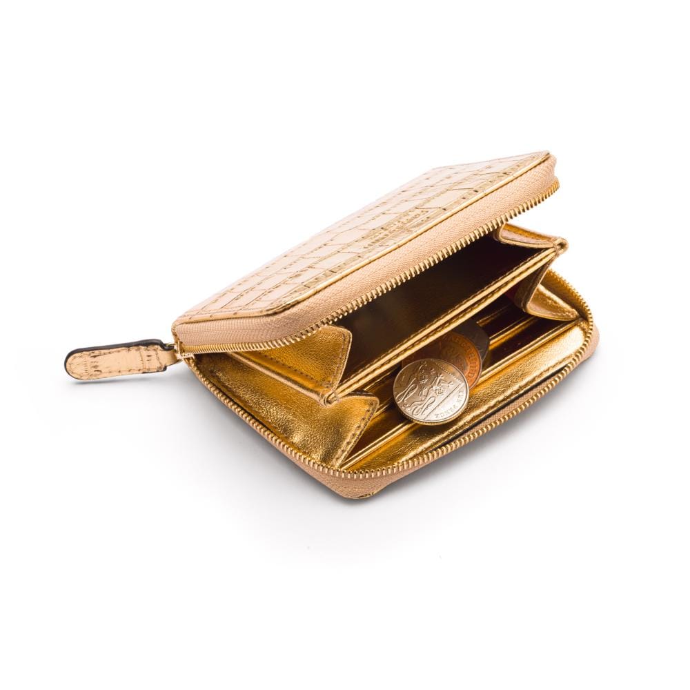 Small leather zip around accordion coin purse, gold croc, interior