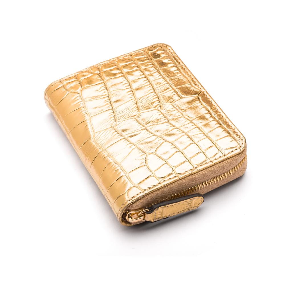 Small leather zip around accordion coin purse, gold croc, front