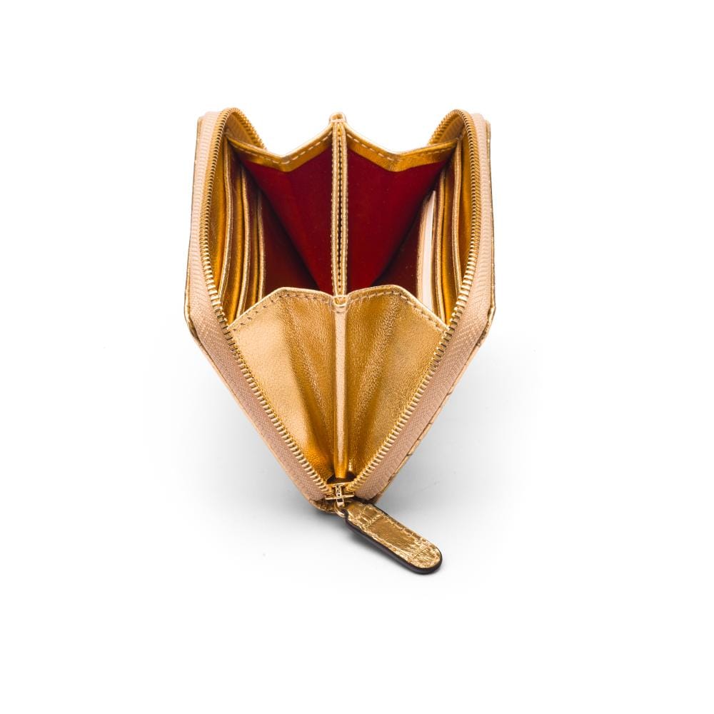 Small leather zip around accordion coin purse, gold croc, inside