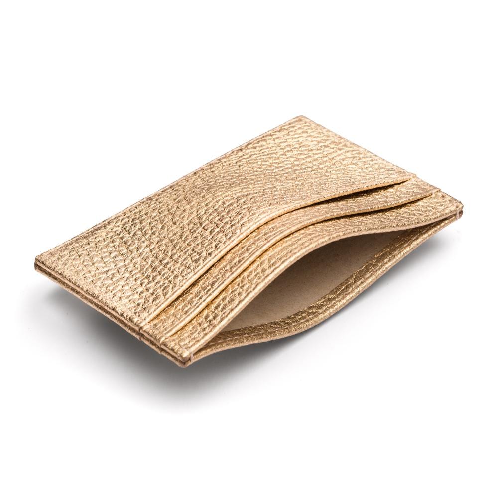 Flat leather credit card wallet 4 CC, gold pebble grain, inside