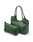 Woven leather bag, green, with inner bag