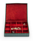 Large Leather Cufflink And Jewellery Box, Green Croc Effect With Red, open