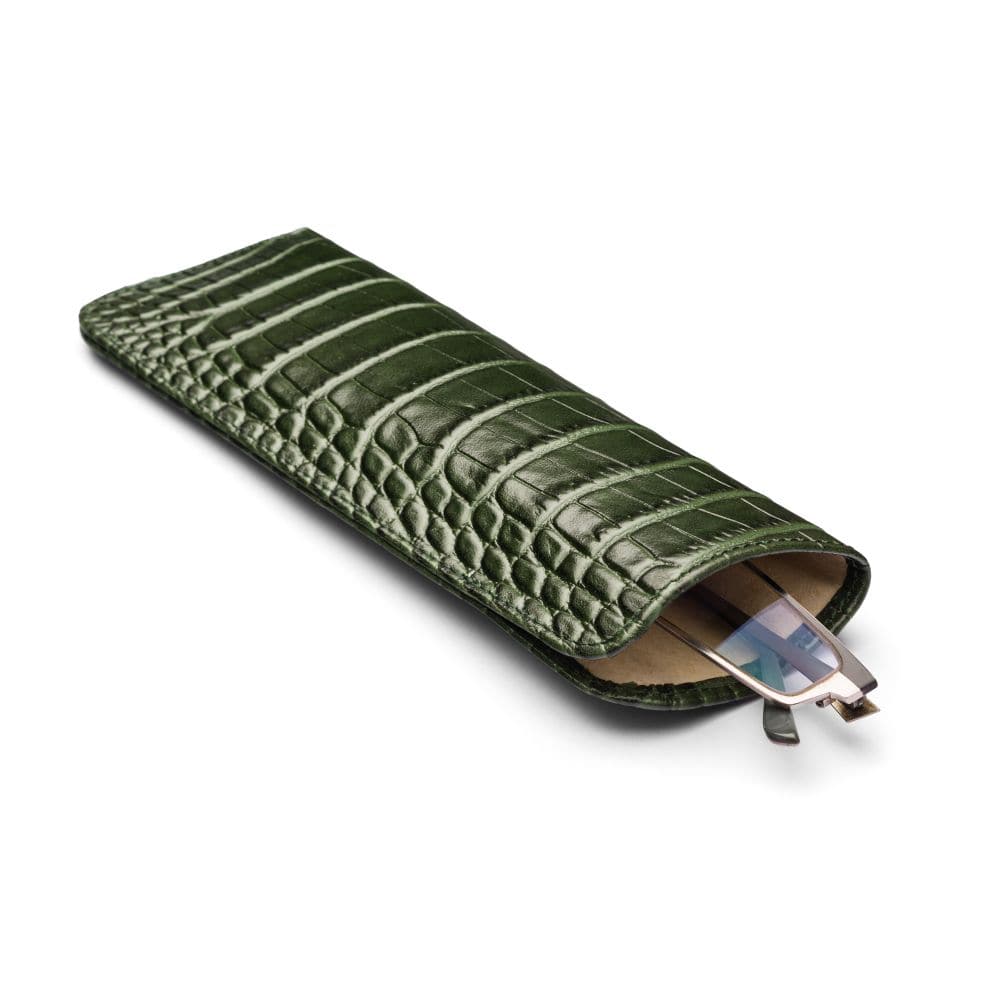 Large leather glasses case, green croc, open