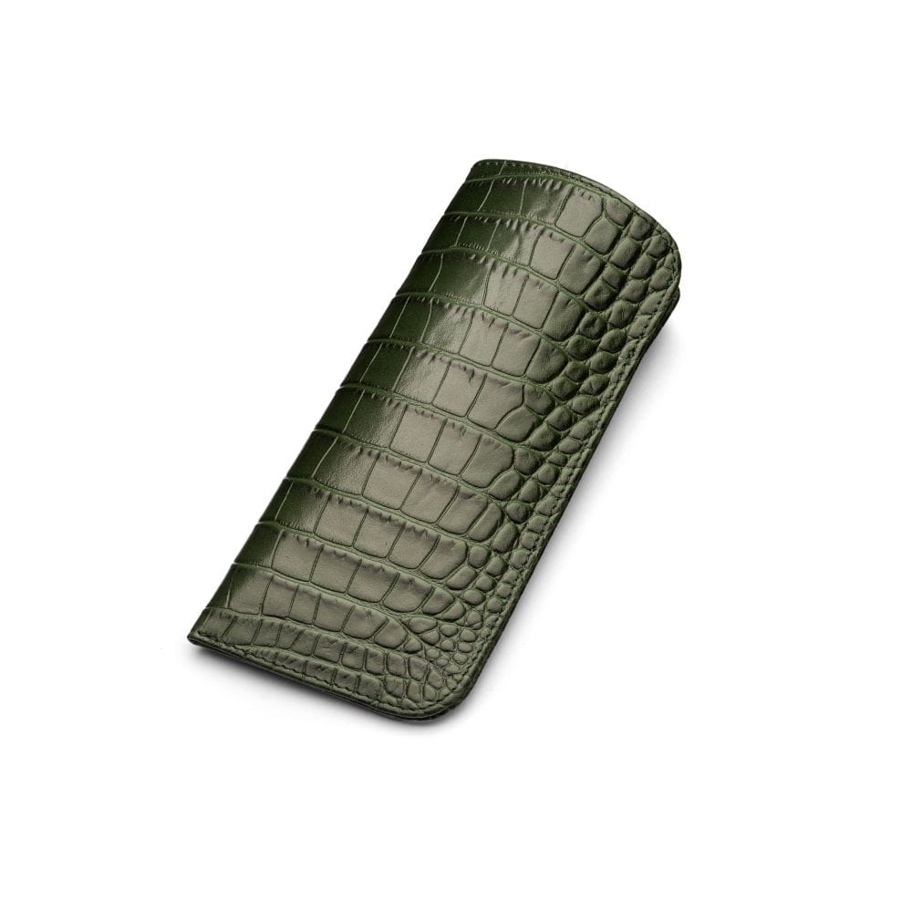 Large leather glasses case, green croc, front