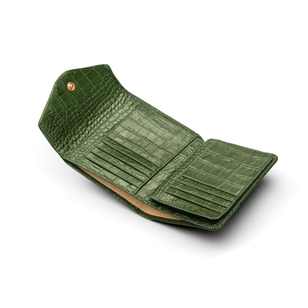 Large leather purse with 15 CC, green croc, open