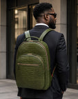 Men's leather 15" laptop backpack, green croc, on a models back