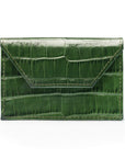 Leather business card holder, green croc, front