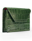 Leather business card holder, green croc, side