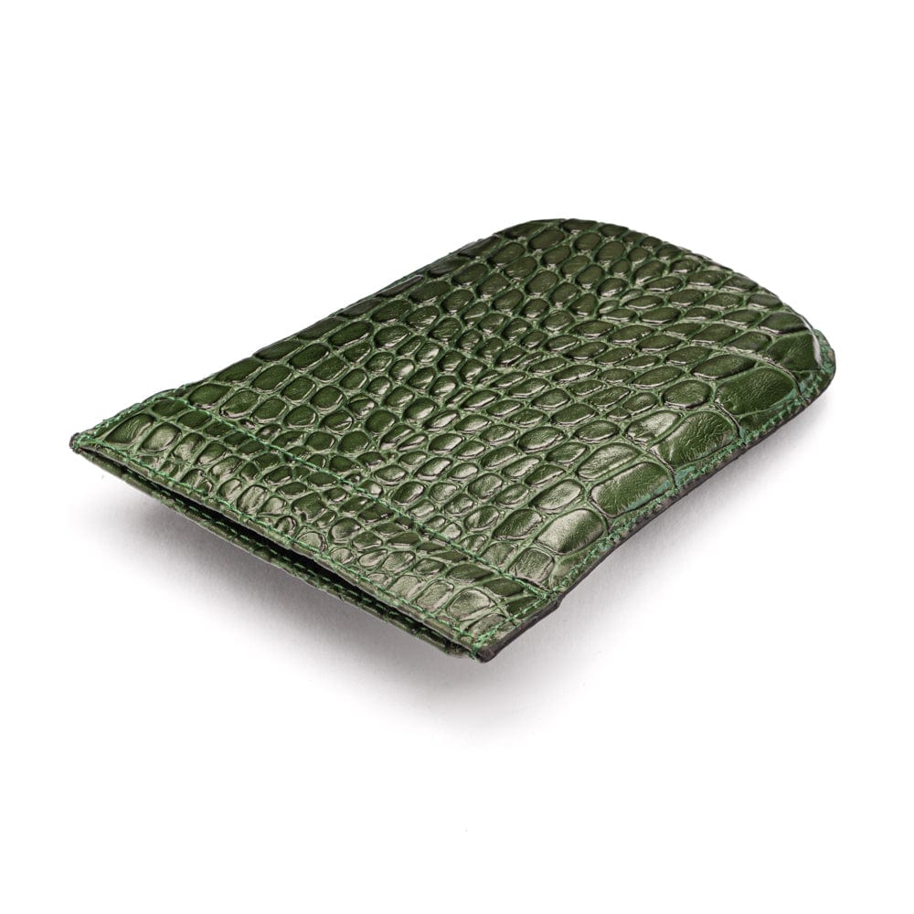 Leather key case with squeeze spring opening, green croc, closed