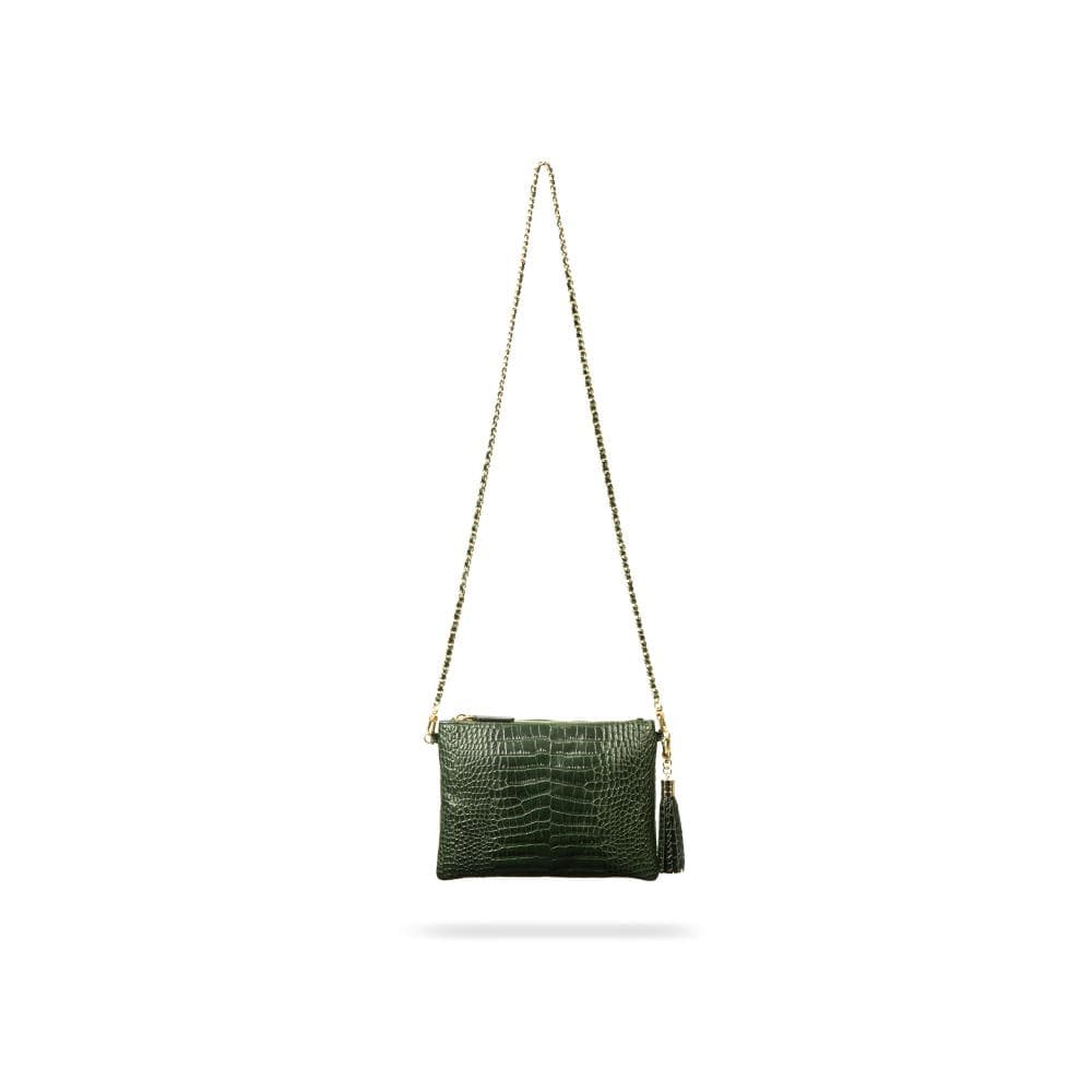 Leather cross body bag with chain strap, green croc, with long strap