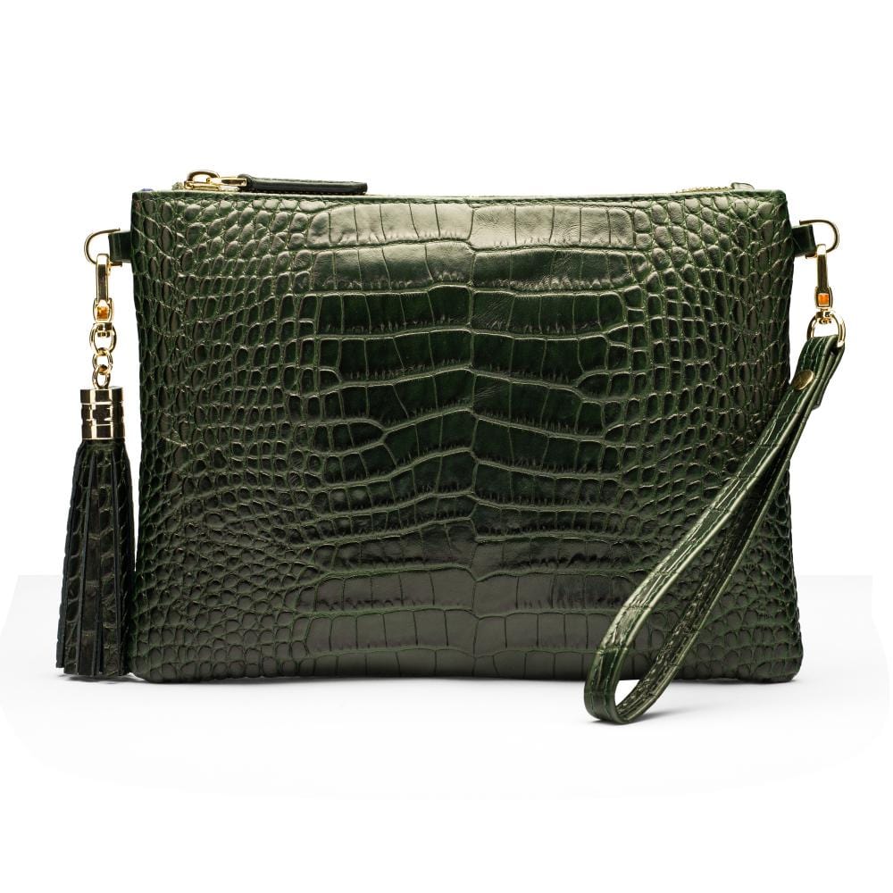 Leather cross body bag with chain strap, green croc, front