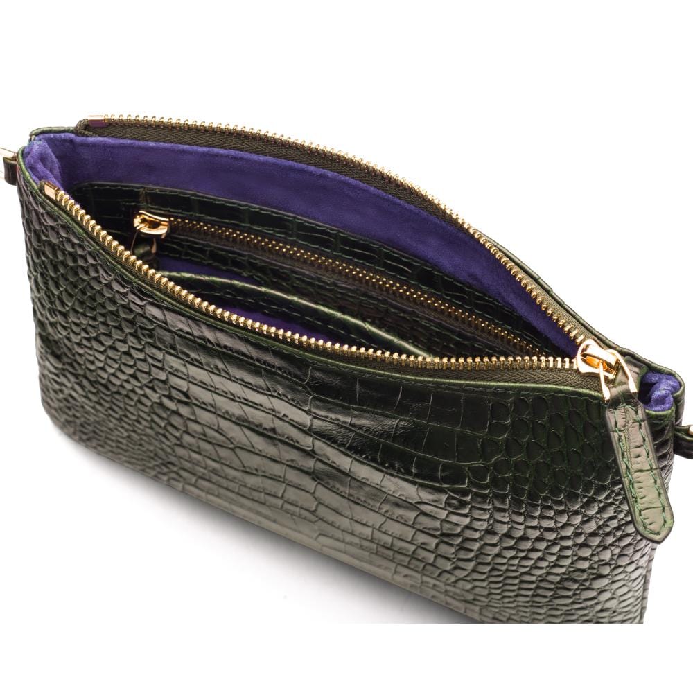 Leather cross body bag with chain strap, green croc, inside