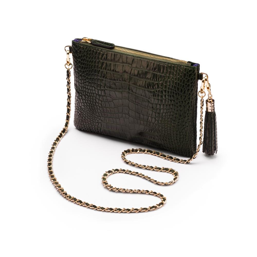 Leather cross body bag with chain strap, green croc