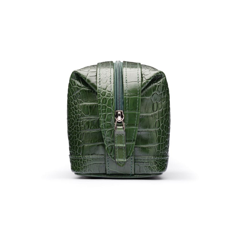 Leather wash bag, green croc, side
