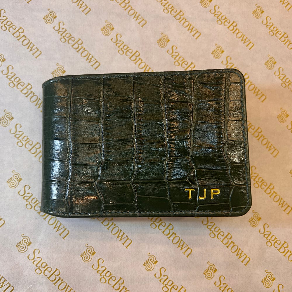 Leather travel card wallet, green croc,  embossed