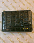Leather travel card wallet, green croc, embossed