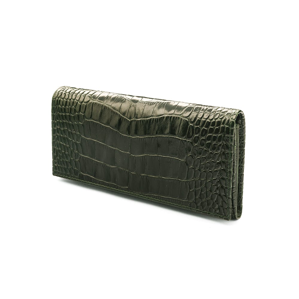 Leather Mayfair concertina purse, green croc, front