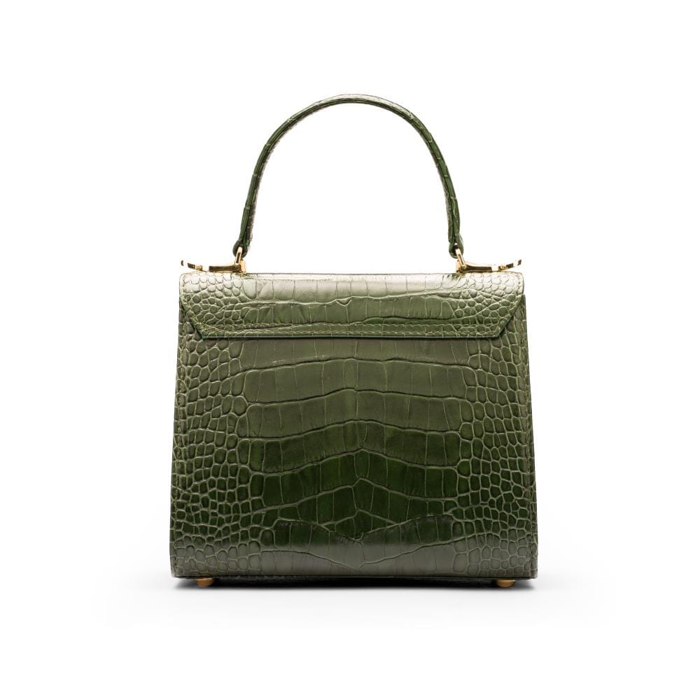 Mini leather Morgan Bag, top handle bag, green croc, back