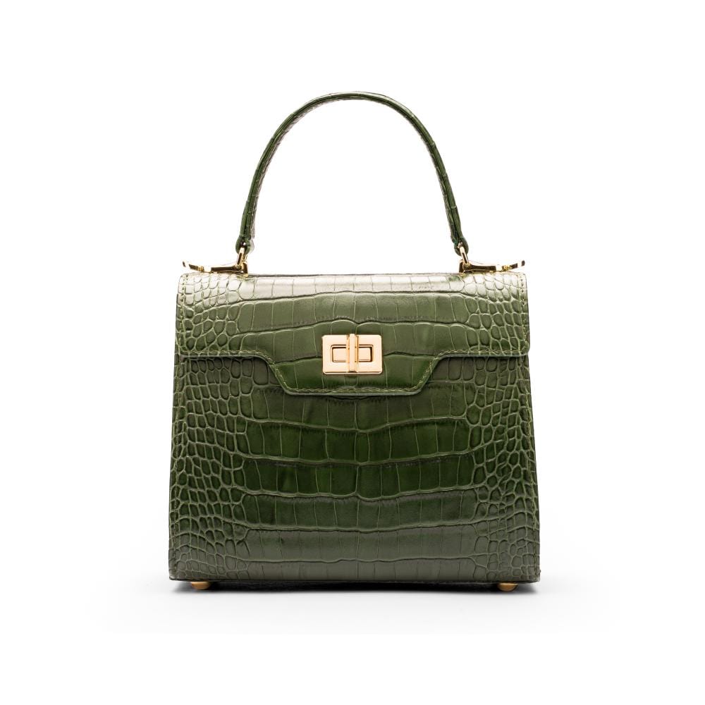 Mini leather Morgan Bag, top handle bag, green croc, front