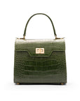 Mini leather Morgan Bag, top handle bag, green croc, front