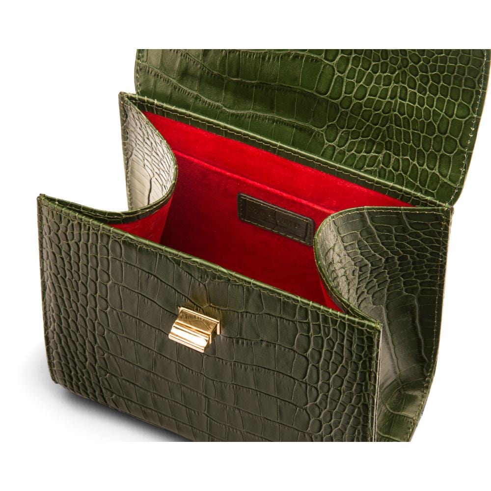 Mini leather Morgan Bag, top handle bag, green croc, inside