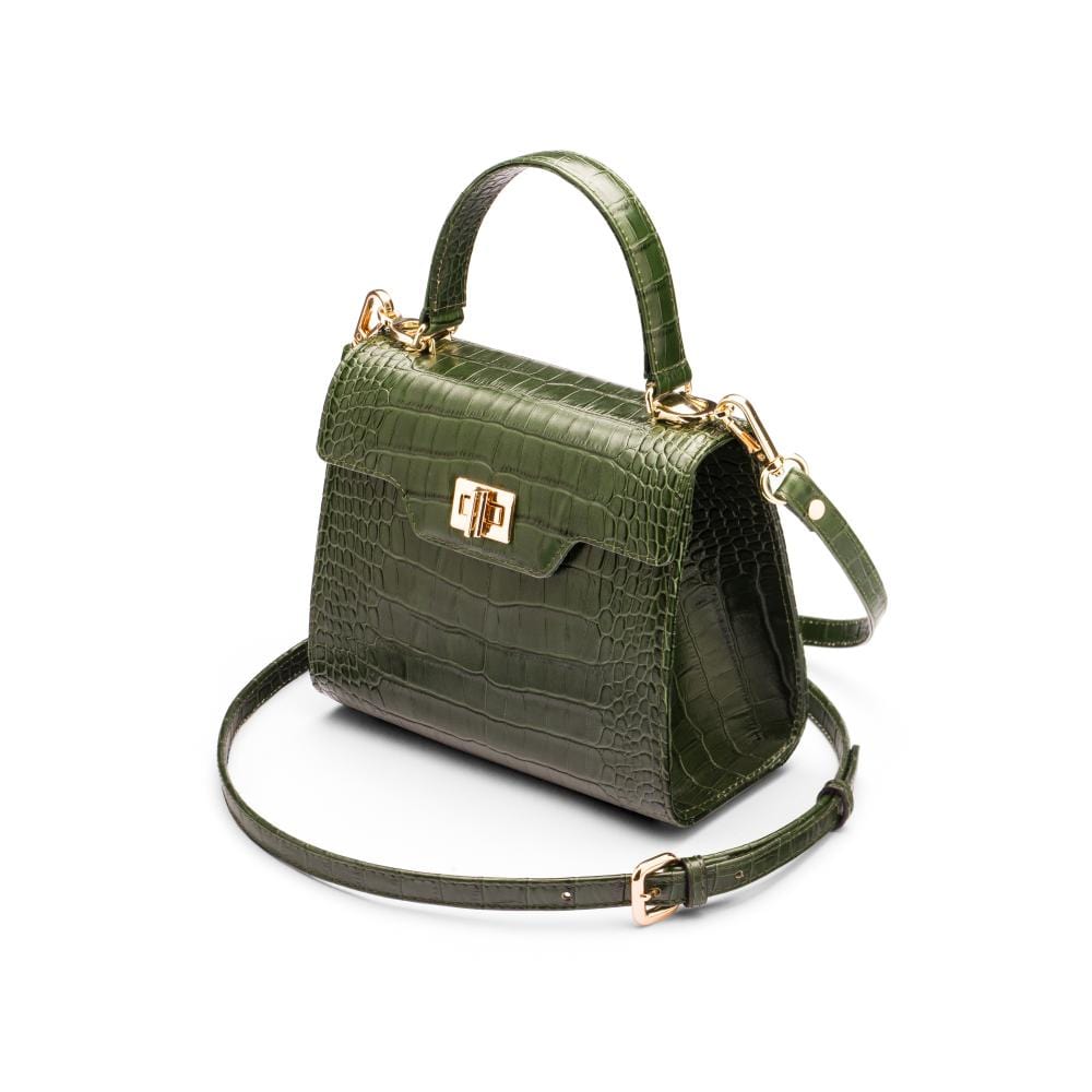 Mini leather Morgan Bag, top handle bag, green croc, side