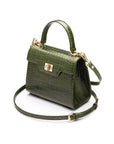 Mini leather Morgan Bag, top handle bag, green croc, side